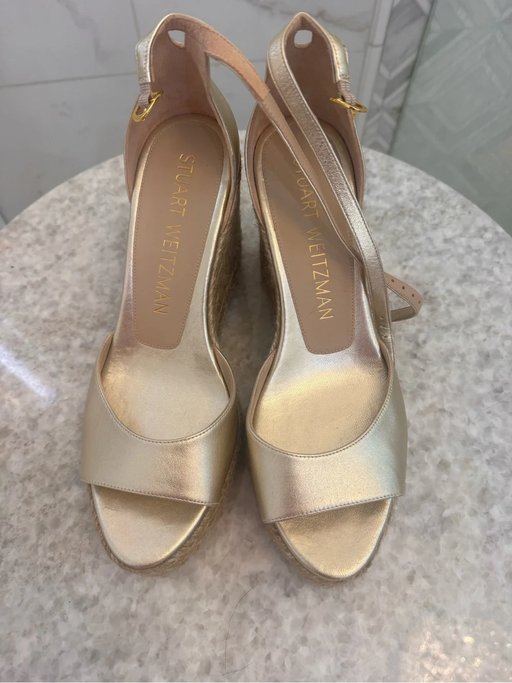 Stuart Weitzman Gold Espadrille Wedge Sandals